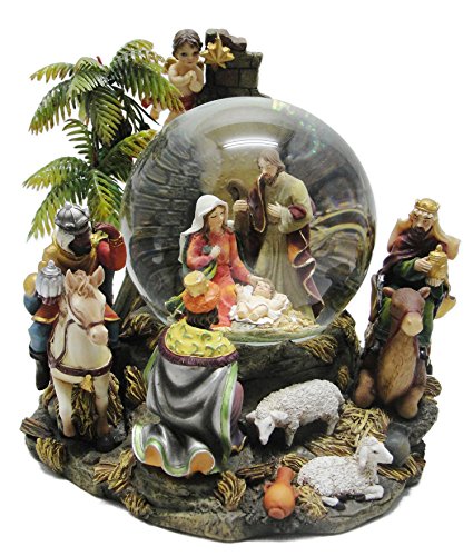 MusicBox Kingdom Snow Globe Nativity Scene with Palm Tree and The Holy 3 Kings, Sheep, and an Angel on The Base Plays The Melody “Silent Night” Decorative Item