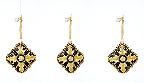 MATCHING SET OF 3! Beautiful Black and Gold Glass Diamond Medallion Ornaments