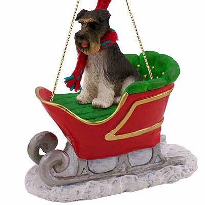 Uncropped Gray Schnauzer Sleigh Dog Christmas Ornament