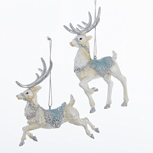 Kurt Adler Set Of 2 Assorted Platinum And Teal Standing And Leaping Reindeer Christmas Ornaments
