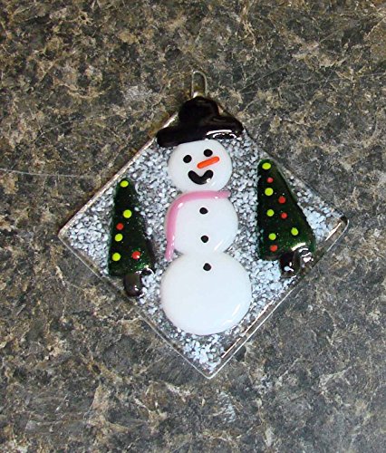 Winter Wonderland Snowman with Christmas Trees Handmade Fused Glass Ornament