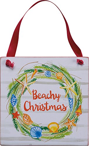 Primitives by Kathy 4″ Square Wood Ornament “Beachy Christmas” With Ribbon for Hanging