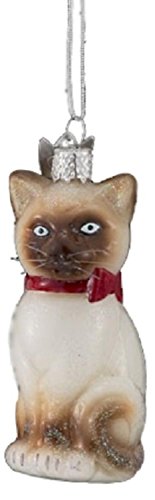 3.25″ Noble Gems Cream and Brown Glittered Glass Cat with Red Ribbon Collar Christmas Ornament
