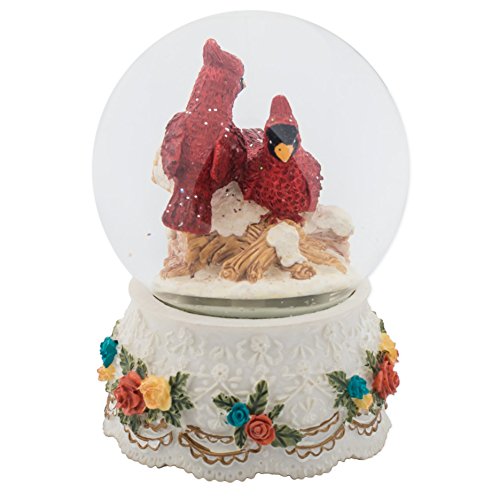 Sculptured Red Cardinal Pair Snow Globe -“Love Story” Water Ball Music Box 5 1/2″ High