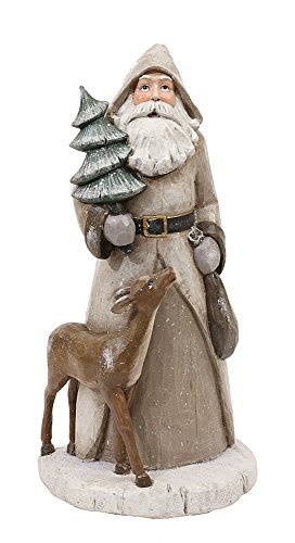 Creative Co-Op Resin Santa with Tree and Deer Statue, 15″, Ivory