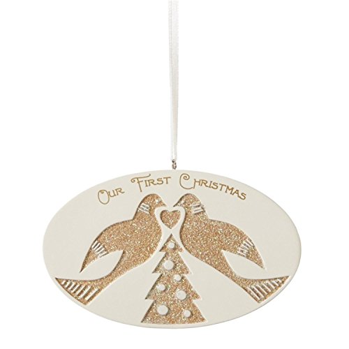 4″ Ivory and Gold Glitter “Our First Christmas” with Turtle Doves Oval Christmas Ornament