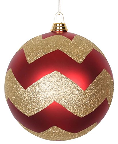 Vickerman Chevron Matte Finish Glitter Accented Shatterproof Christmas Ball Ornament, 8″, Red/Gold