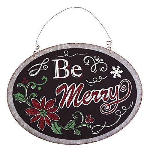 Festive Holiday Galvanized Metal Oval Chalkboard Hanging Sign with Glitter Accents (Be Merry)