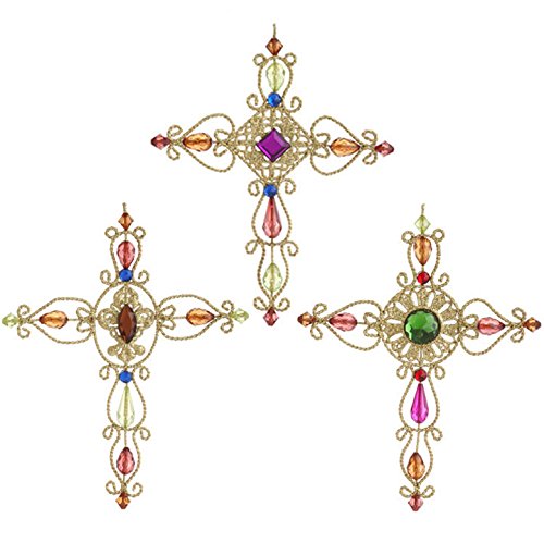 RAZ Imports – 7″ Wire Filigree and Multicolored Gem Gold Cross Christmas Tree Ornaments – Set of 3)