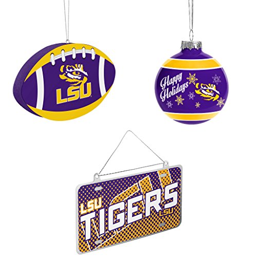 NCAA LSU Tigers Foam Christmas Ball Ornament ORNAMENT GLASS BALL Metal License Plate Bundle 3 Pack By Forever Collectibles