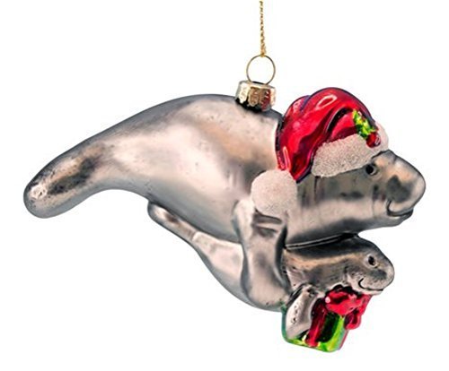 Christmas Ornament – Blown Glass Manatee Mom and Baby – Mom Wearing a Santa Hat and Baby Holding Presents 4.75 by Beachcombers