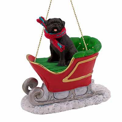 Black Pug Dog in Sleigh Christmas Ornament New