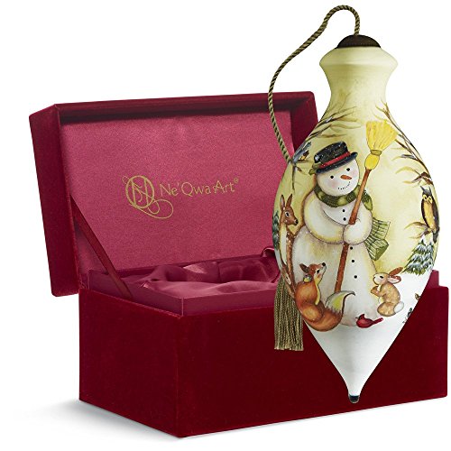 Ne’Qwa Art, Christmas Gifts, “Woodland Friends Snowman” Artist Susan Winget, Brilliant-Shaped Glass Ornament, #7161127