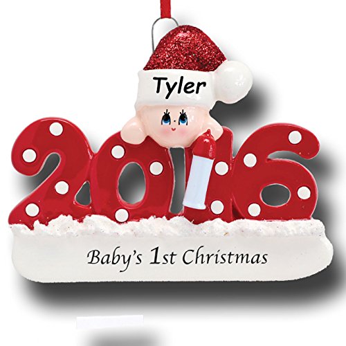 2016 Baby’s First 1st Christmas Ornament in Red for Baby Boy or Girl with Free Name Personalization