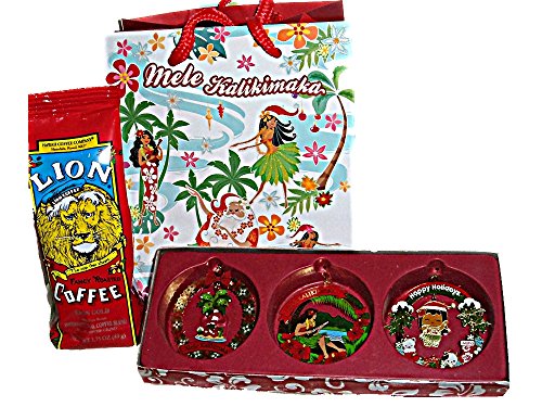 Hawaiian Christmas Mele Kalikimaka Mini Set of 3 Ornaments & Small Lion Coffee (1 pot) Gift Bag Set