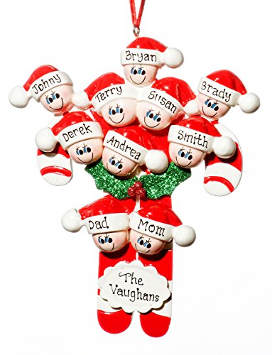 Family 10 (ten) Person Peronalized Candy Cane Holiday Christmas Tree Ornament-Free Names Personalized – Shipped In One Day