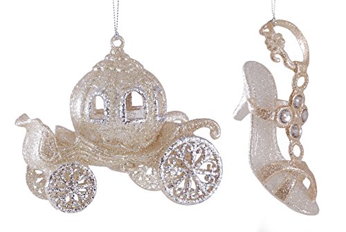 Fairy Tale Princess Carriage & Slipper Gold Glitter Hanging Christmas Ornament Set of 2