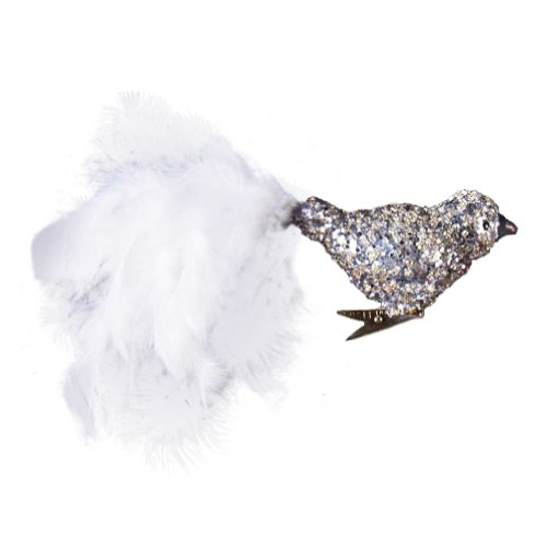 Glass Deco Bird Ornament Silver Glitter w Feathers T1481-A Kurt Adler
