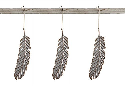 Feather with Zinc Rust Finish Silver Colored Metal Ornament Set of 3