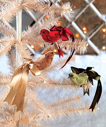 BETHANY LOWE Red Green Tan Velveteen Bird Ornaments – Set of 3