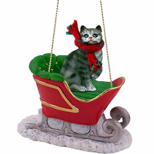 Silver Tabby Cat Sleigh Ride Ornament