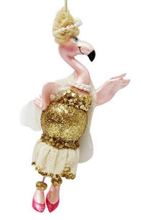 December Diamonds Blown Glass Ornament – Mrs Pink Flamingo in Gold Dress