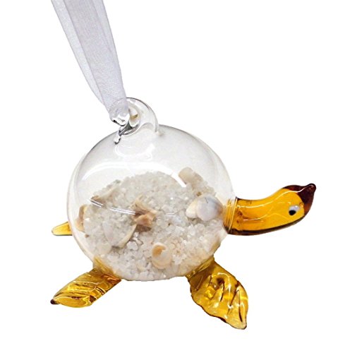 Glass Turtle Ornament with Sand and Shells Seashells (Amber)