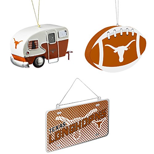 NCAA Texas Longhorns Camper Trailer Christmas Ornament Foam Ball Metal License Plate Bundle 3 Pack By Evergreen and Forever Collectibles