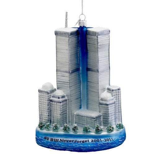 Kurt Adler 6-Inch Noble Gems Glass World Trade Center Ornament with Saying, “We Will Never Forget 2001-2011”
