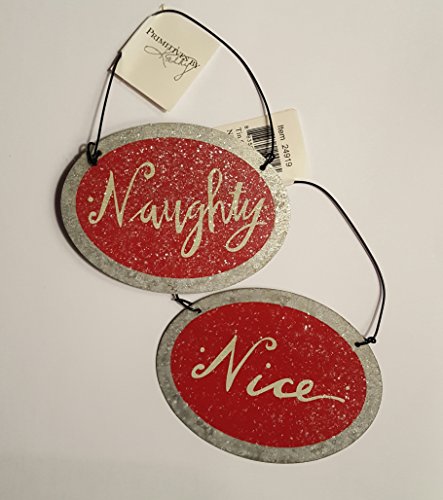 Naughty & Nice Red Tin Ornaments-Pair