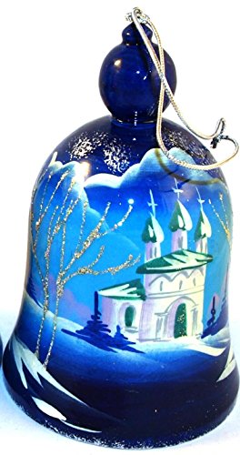 Hand-painted Wooden Bell – Christmas Tree Ornament – Each item Unique – Winter Landscape with Russian Churches – 4″ Tall