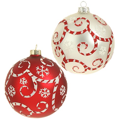 RAZ Imports – 4″ Glittered Peppermint Red & White Swirl Ball Christmas Tree Ornaments – Set of 2