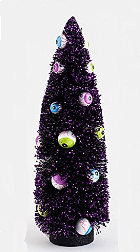 Halloween Spooky Black Bottle Brush Sisal Tree with Eyeball Ornaments, 15″ Tall