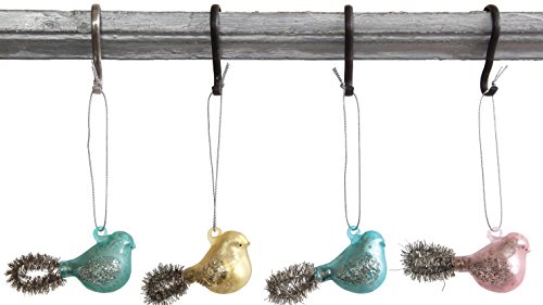 Colorful Birds with Tinsel Tails Glass Hanging Christmas Ornament – Set of 4