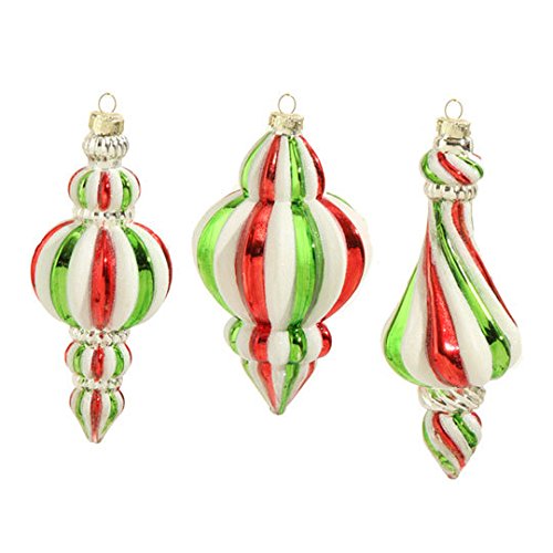RAZ Glittered Striped Glass Finial Christmas Ornaments 7 inch set of 3