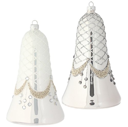 RAZ Imports – Elegant 6″ Beaded Silver and White Gem Bell Christmas Tree Ornaments – Set of 2