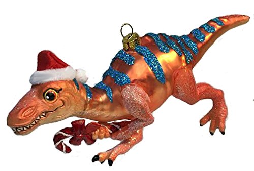 December Diamonds Blown Glass Ornament – Tarascosaurus Dinosaur with Candy Cane & Santa Hat