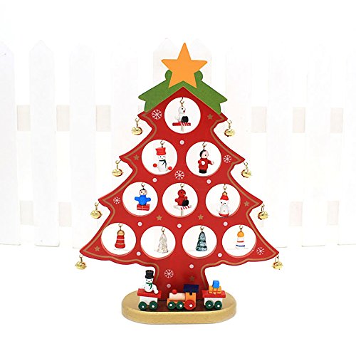 RD Lane Wooden Tabletop Christmas Tree with 21 Pcs Miniature Snowman Bells Ornaments for Party Holiday Home Decor Christmas Gift Color:Red