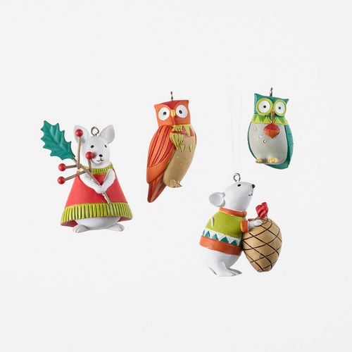 Robin Pickens Design Mouse/Owl Friends Ornaments, Set of 4 Asst, Resin, 2″ – 2.5″