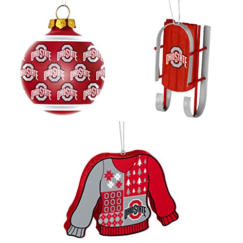 NCAA Ohio State Buckeyes Repeat Glass Ball Christmas Ornament Sled Foam Ugly Sweater Bundle 3 Pack By Forever Collectibles