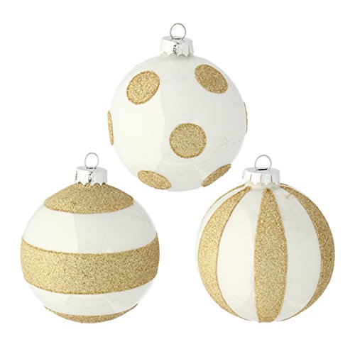 RAZ Imports – 3″ Glittered Gold and White Striped and Polka Dot Glass Ball Christmas Tree Ornaments (Set of 3)