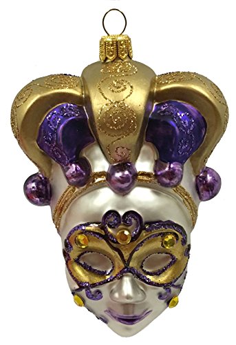 Purple and Gold Venetian Mask Polish Glass Christmas Tree Ornament Mardi Gras