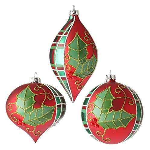 Raz 4″ Red & Green Plaid Holly Glass Christmas Ornaments Set of 3 Assorted