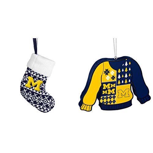 NCAA Michigan Wolverines ORNAMENT STOCKING KNIT Foam Ugly Sweater Christmas Ornament Bundle 2 Pack By Forever Collectibles