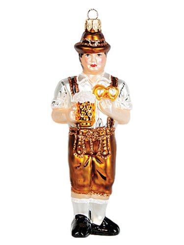Bavarian Boy with Pretzel and Beer Stein Polish Mouth Blown Glass Christmas Ornament