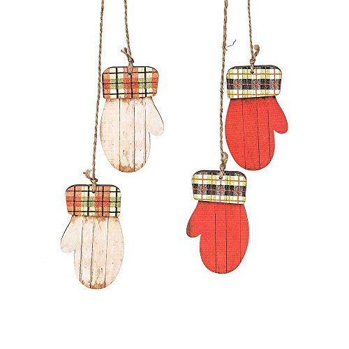 Set of 2 Assorted Midwest CBK 3″ Rustic MDF Wood Plaid Mittens Ornaments