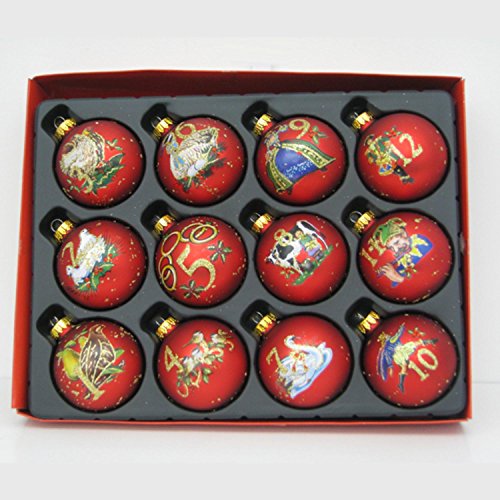 Set of 12 Twelve Days of Christmas Red Glass Ball Ornaments 2.5″ (60mm)