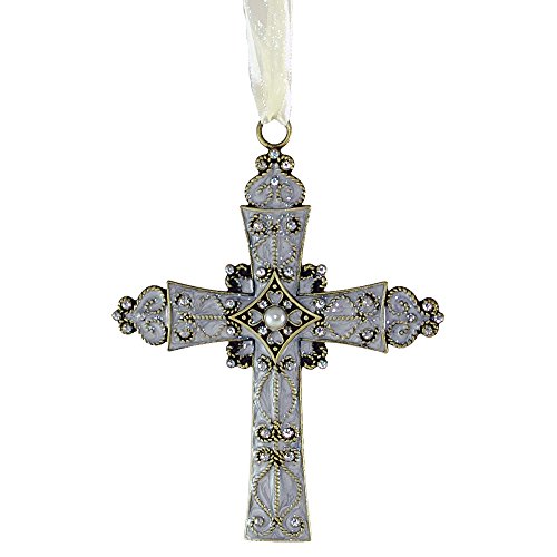 Heart Shaped Design Pewter Cross Ornament in White with Gemstones and Ribbon Loop