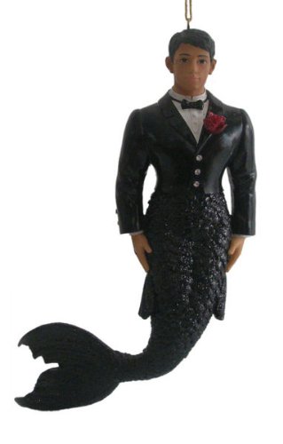 December Diamonds Dark Haired Groom Merman Ornament Handpainted & made from Solid Resin.Handpainted,Limited Edition arrives in DD Gift Box. Perfect Bridal Shower Git.