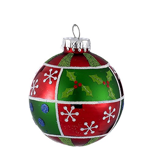 Kurt Adler 65mm Holiday Patchwork Design Glass Ball Ornaments, 4-Piece Box Set